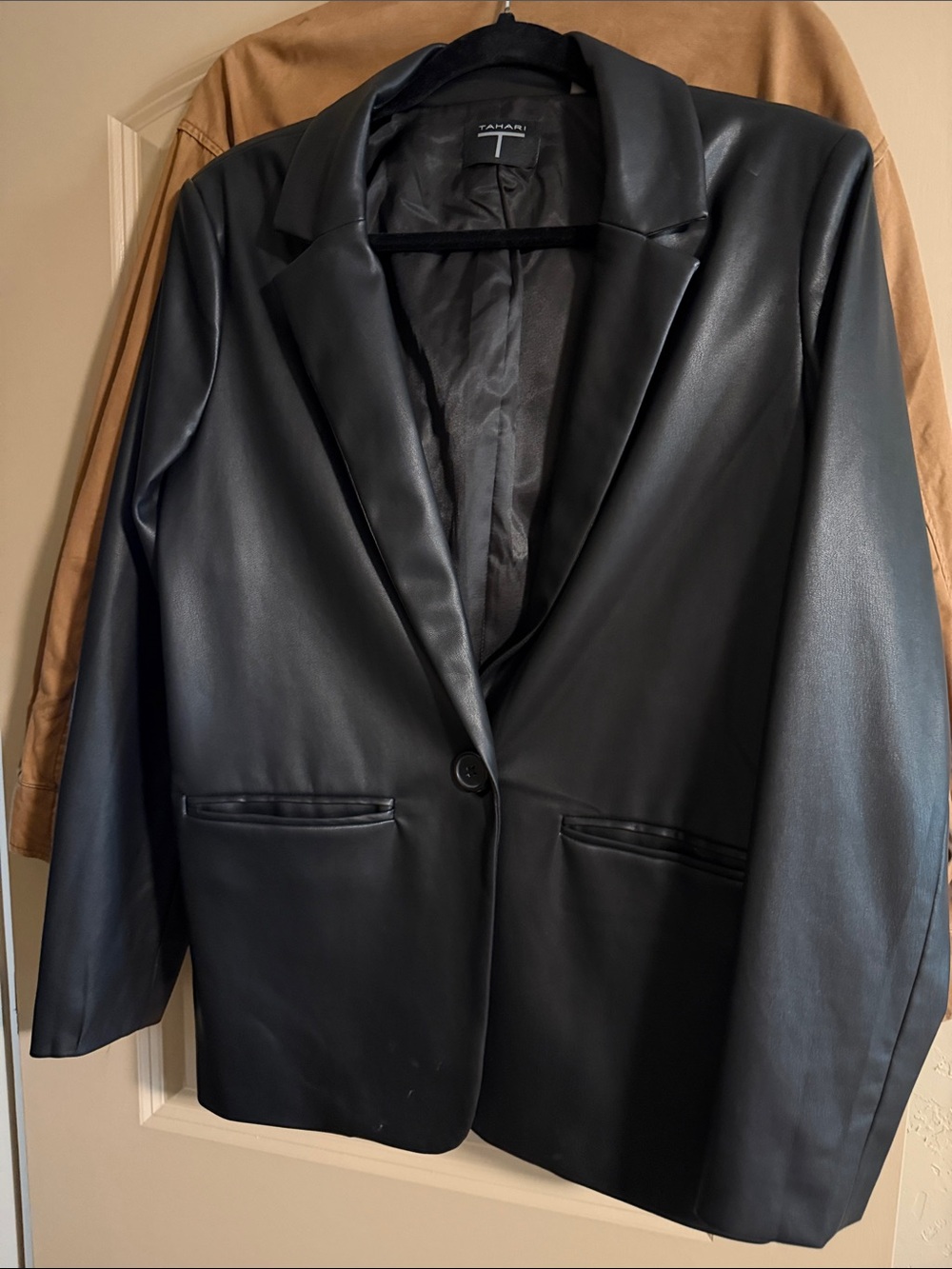 Tahari Black Vegan Leather Single-Button Blazer with Notch Lapel